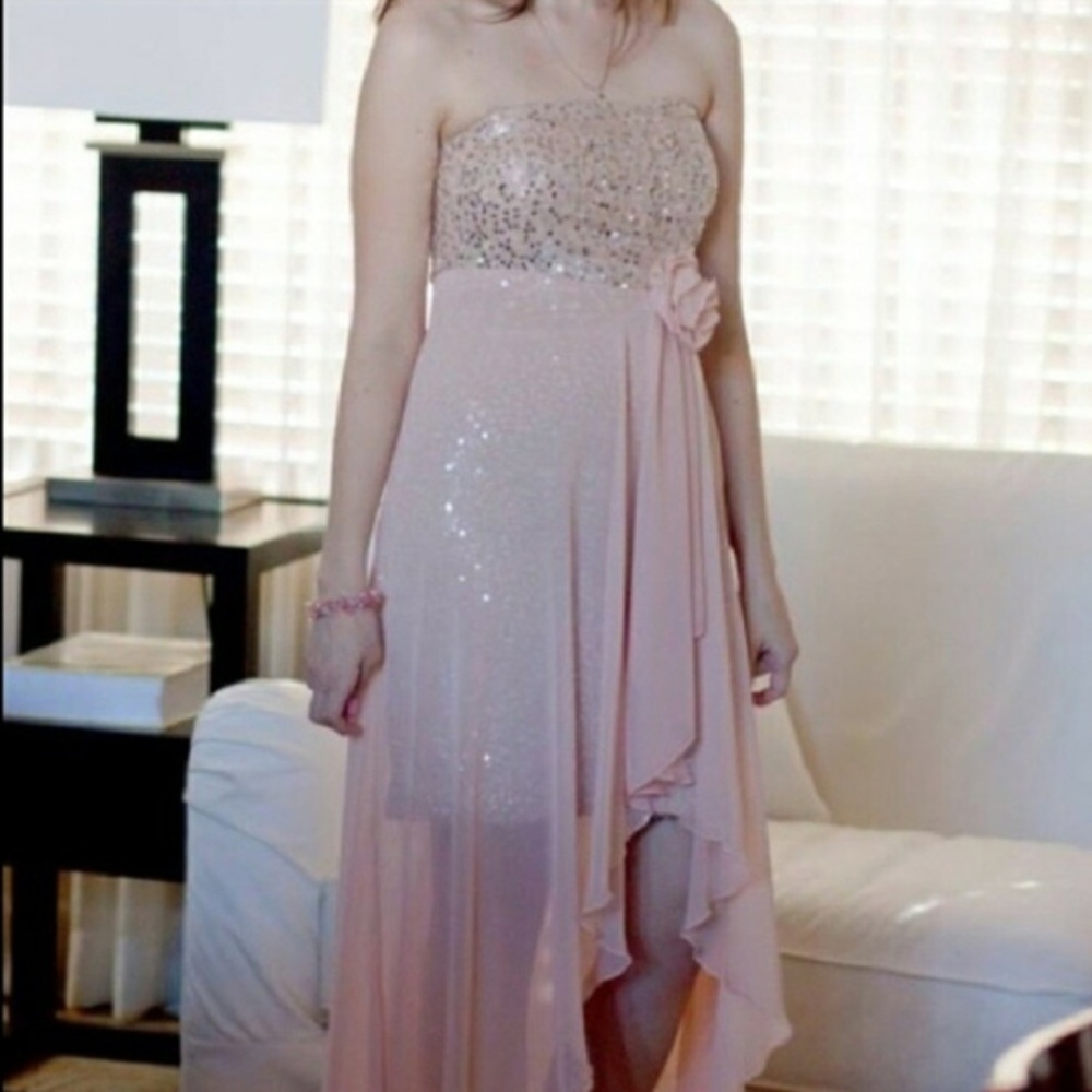 David’s Bridal Sequin mini dress sheer high low size 5
